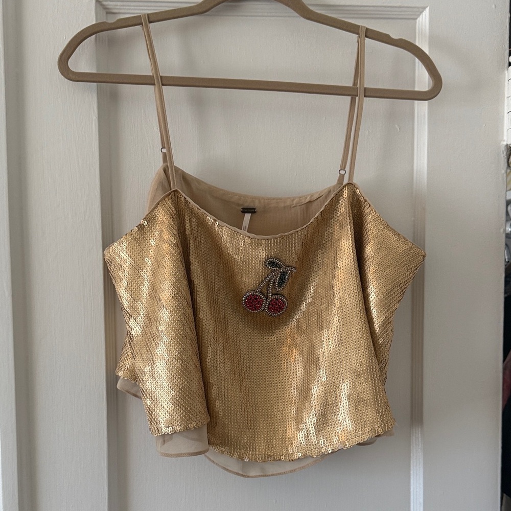 Free People Gold Sequin Cherry Rhinestone Women's Spaghetti Strap Top